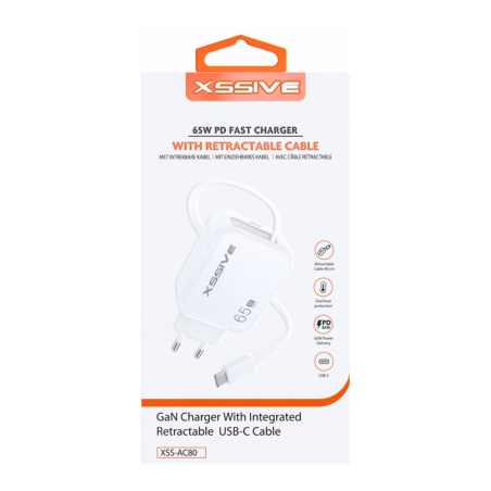 Chargeur Rapide 65W + Câble Rétractable USB-C XSSIVE XSS-AC80 - Blanc — Accessoire · Smarty Paris 18e